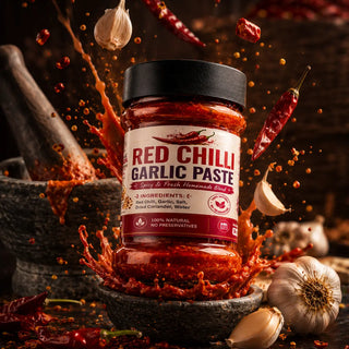 Red chilli garlic paste used as a masala base for karahi in a Pakistani kitchen